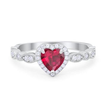Art Deco Heart Promise Wedding Ring Simulated Ruby CZ 925 Sterling Silver